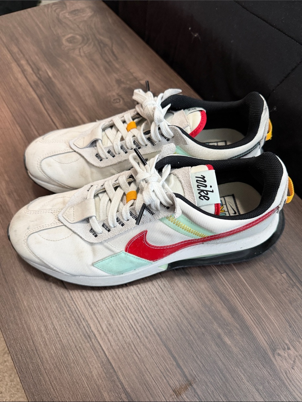 Nike White Sneakers with Red Swoosh and Mint Accents waffle